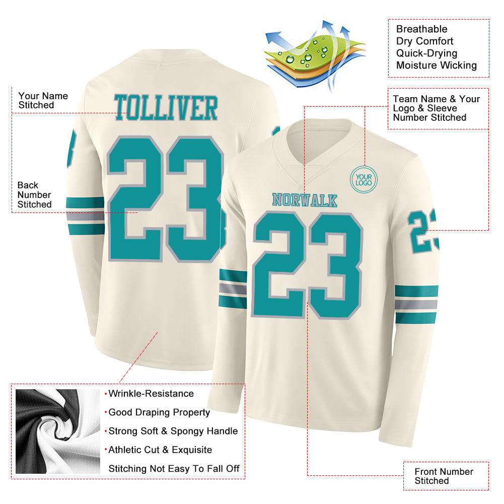 Custom Cream Teal-Gray Long Sleeve Authentic Football Jersey view 2