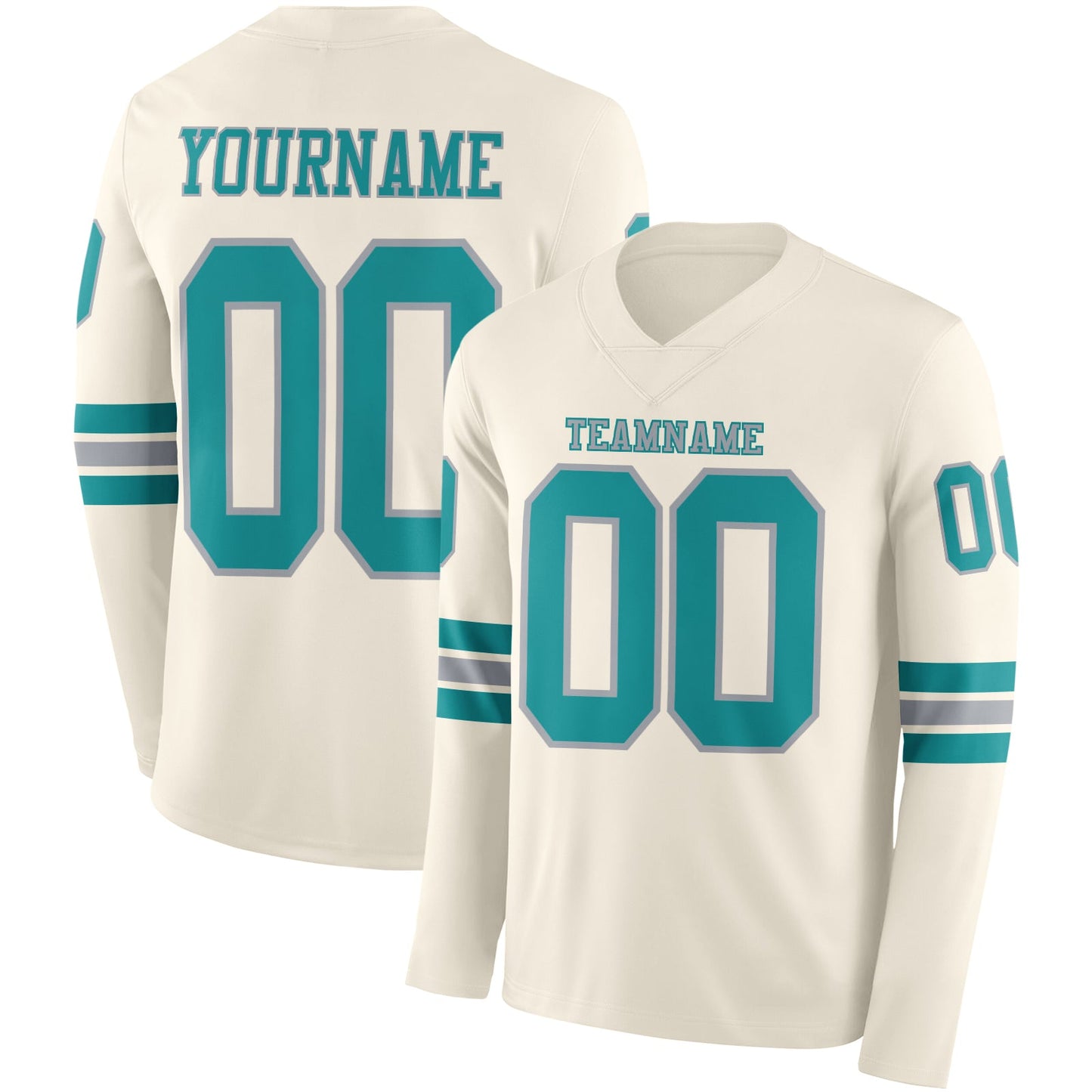 Custom Cream Teal-Gray Long Sleeve Authentic Football Jersey - Main View