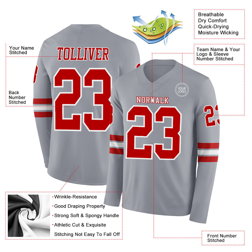 Custom Gray Red-White Long Sleeve Authentic Football Jersey view 2