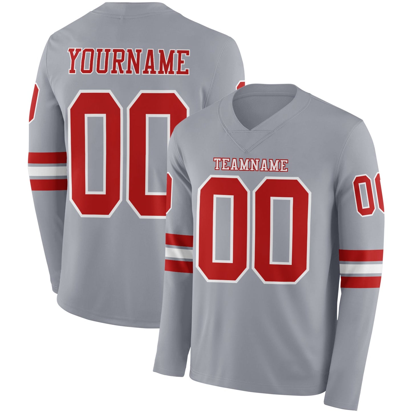 Custom Gray Red-White Long Sleeve Authentic Football Jersey - Main View