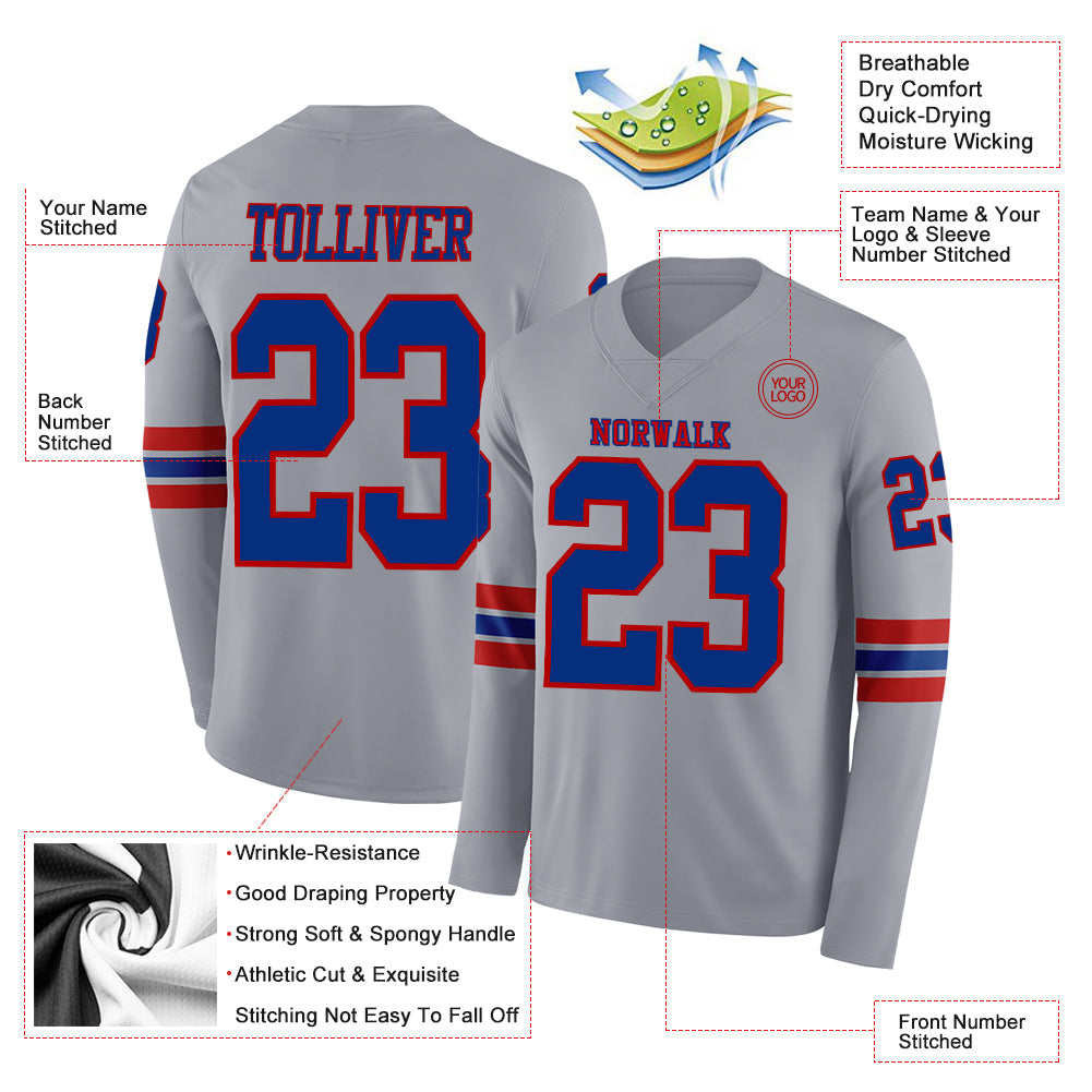 Custom Gray Royal-Red Long Sleeve Authentic Football Jersey view 2
