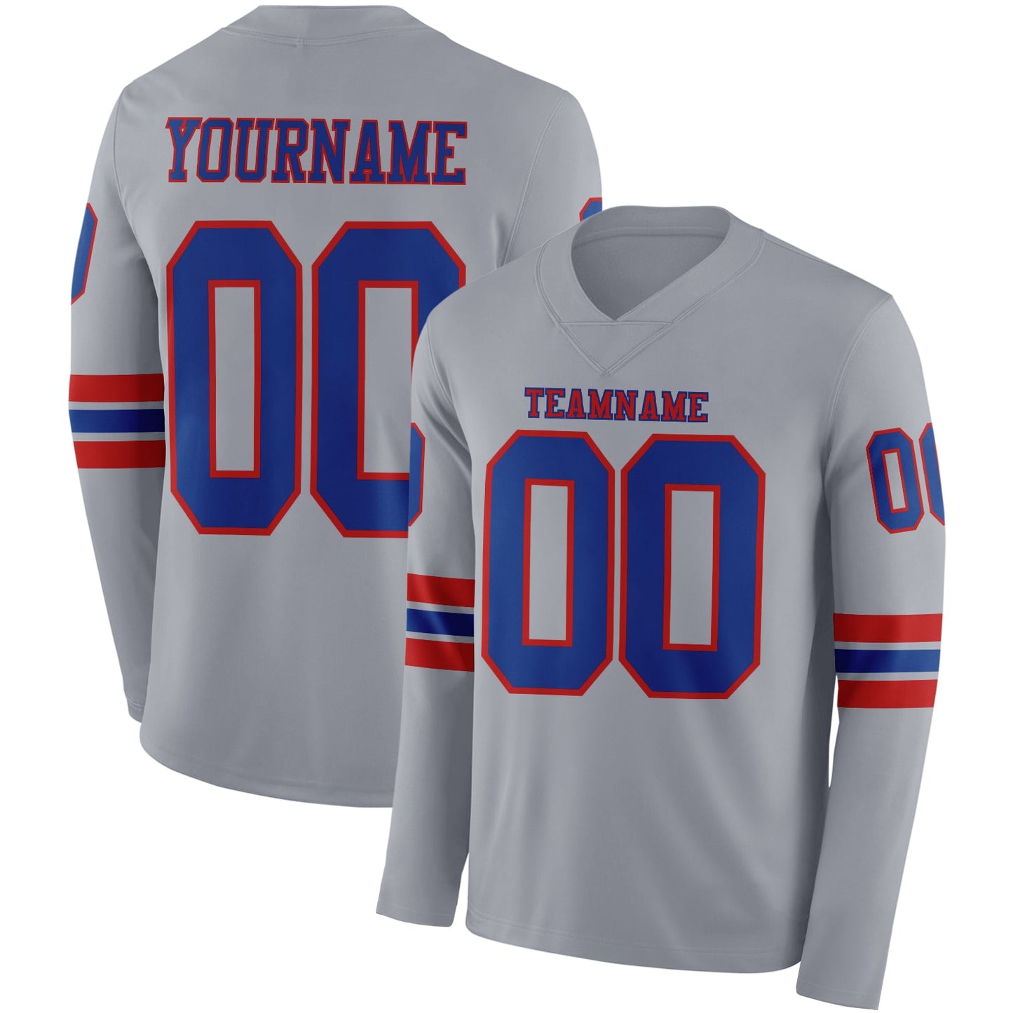 Custom Gray Royal-Red Long Sleeve Authentic Football Jersey - Main View