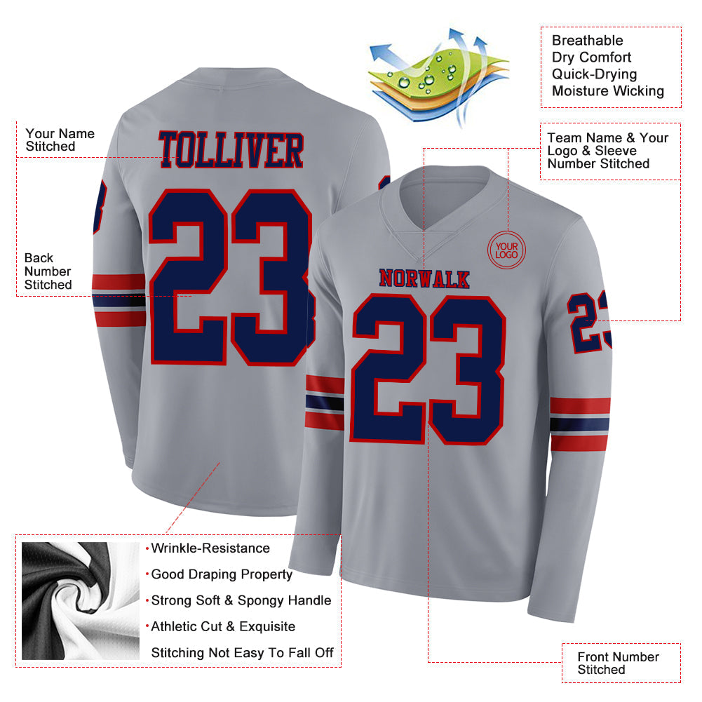Custom Gray Navy-Red Long Sleeve Authentic Football Jersey view 2