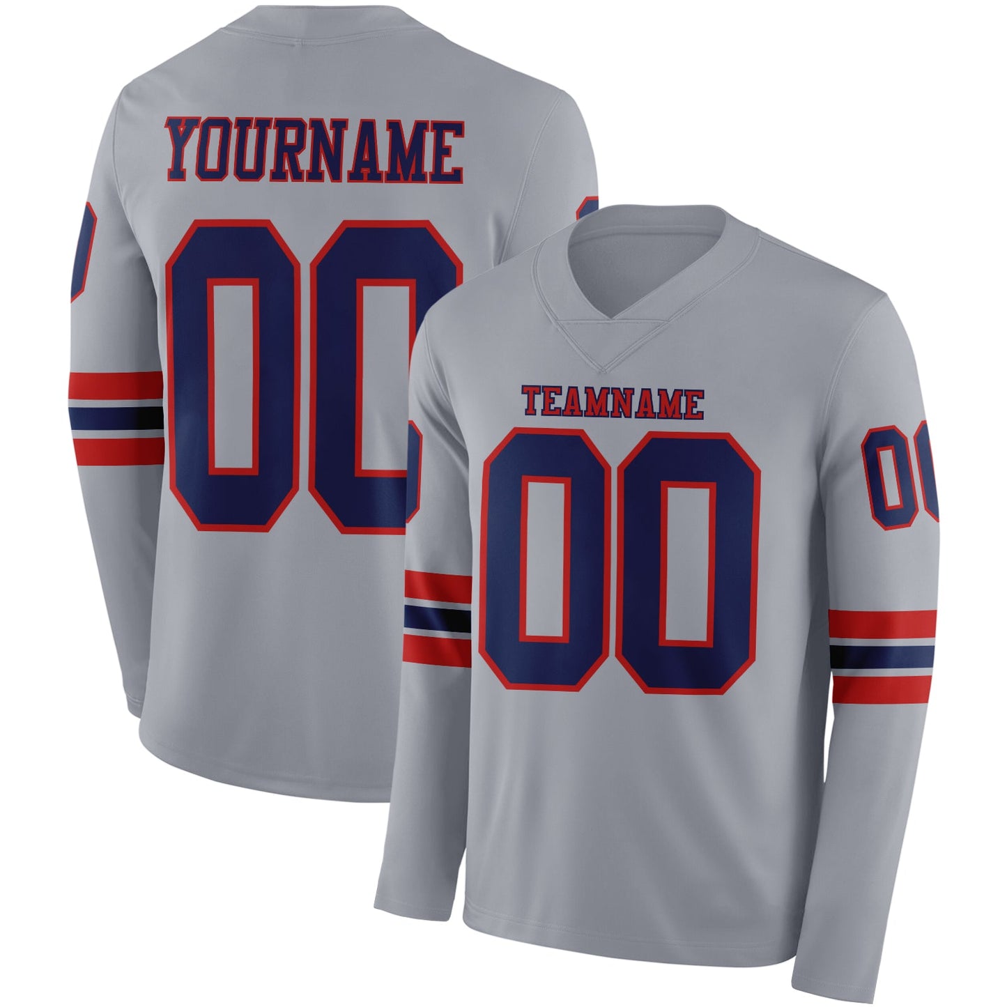 Custom Gray Navy-Red Long Sleeve Authentic Football Jersey - Main View