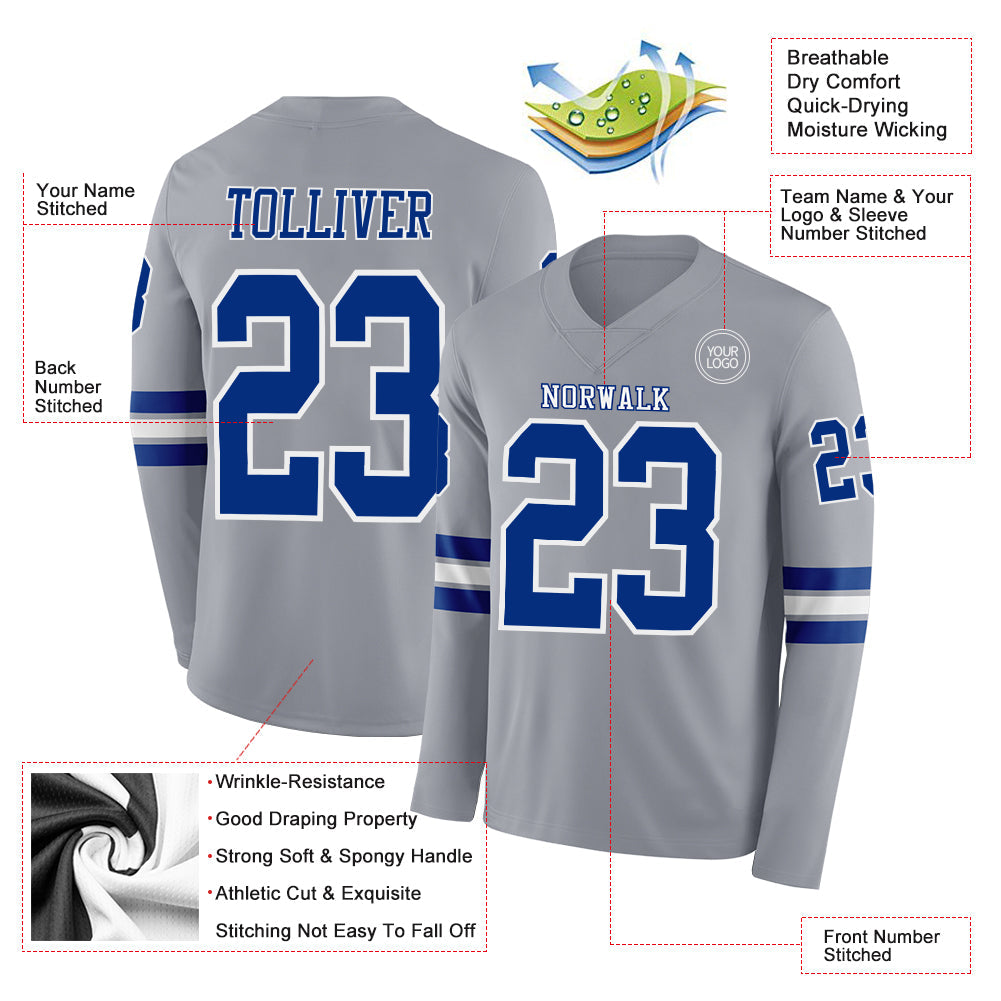 Custom Gray Royal-White Long Sleeve Authentic Football Jersey view 2