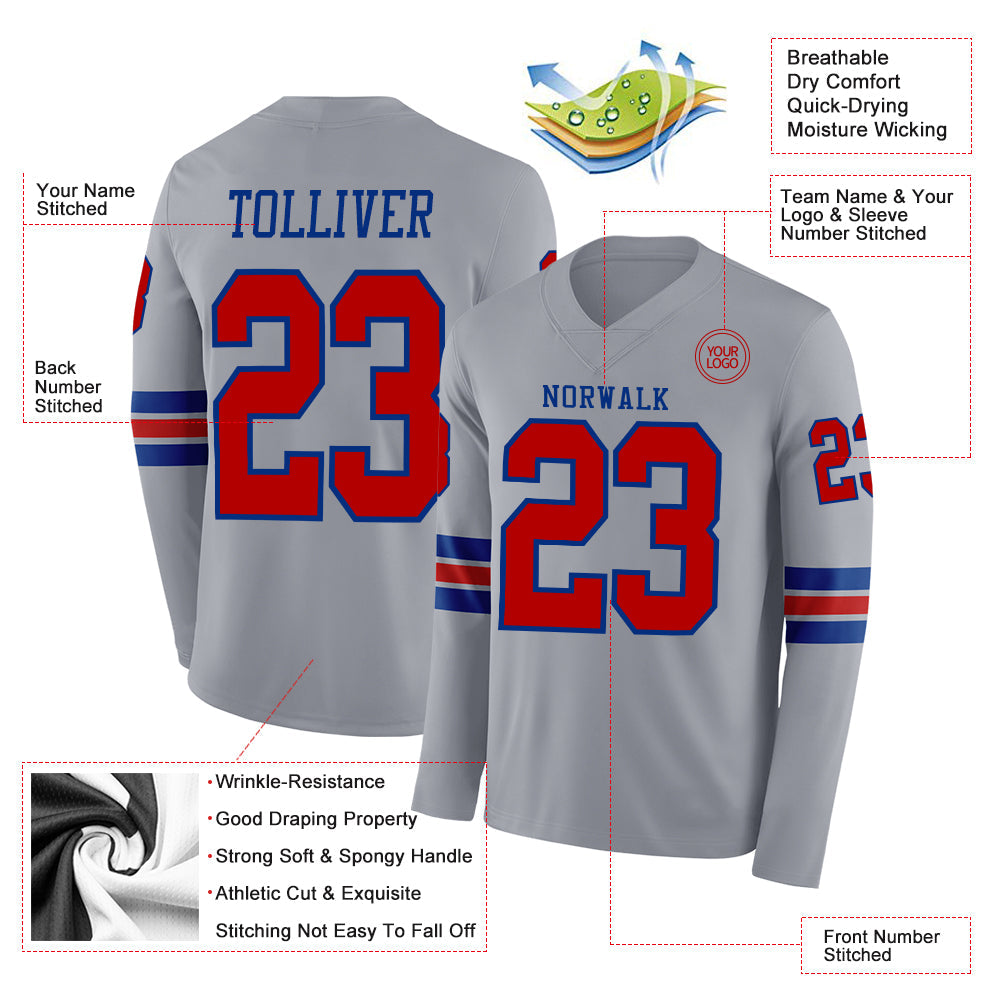 Custom Gray Red-Royal Long Sleeve Authentic Football Jersey view 2