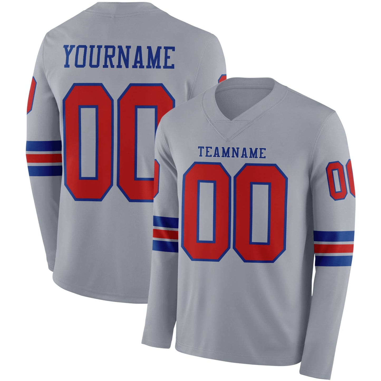 Custom Gray Red-Royal Long Sleeve Authentic Football Jersey - Main View