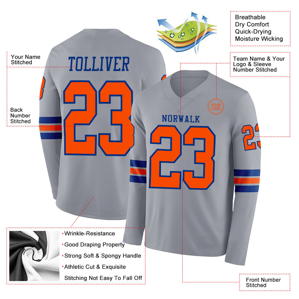 Custom Gray Orange-Royal Long Sleeve Authentic Football Jersey view 2