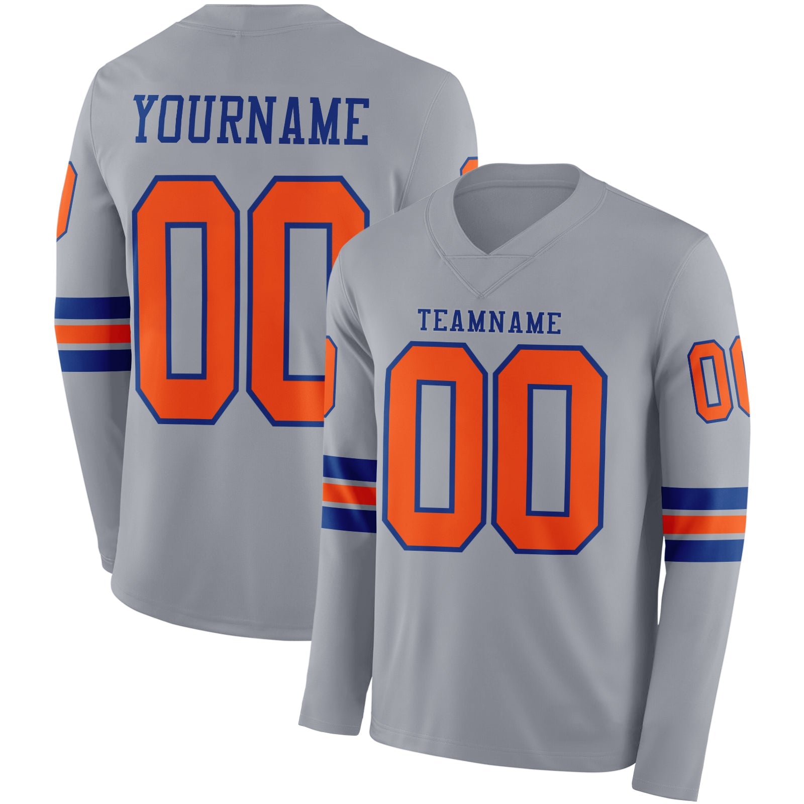 Custom Gray Orange-Royal Long Sleeve Authentic Football Jersey - Main View