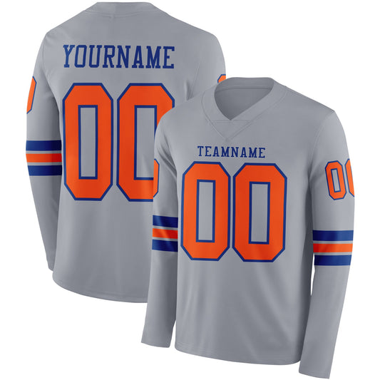 Custom Gray Orange-Royal Long Sleeve Authentic Football Jersey - Main View
