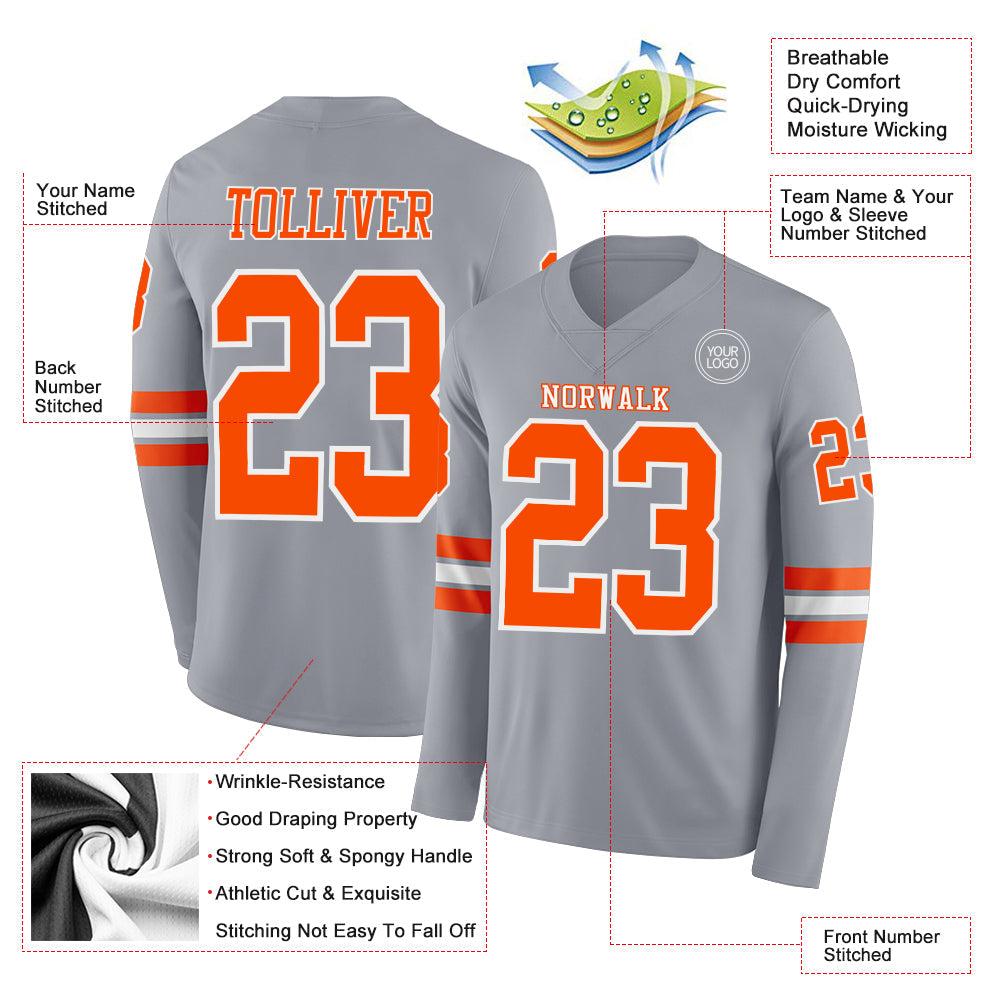 Custom Gray Orange-White Long Sleeve Authentic Football Jersey view 2