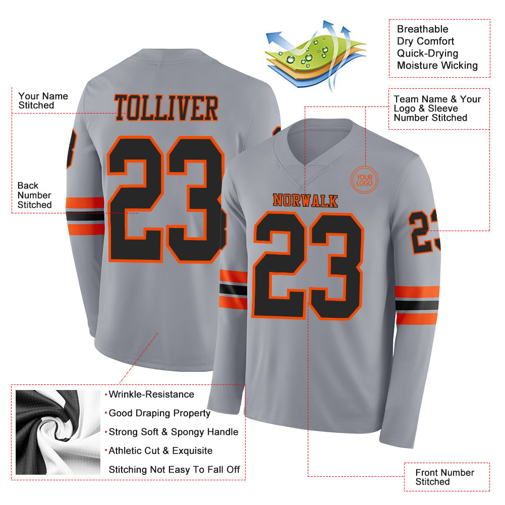 Custom Gray Black-Orange Long Sleeve Authentic Football Jersey view 2