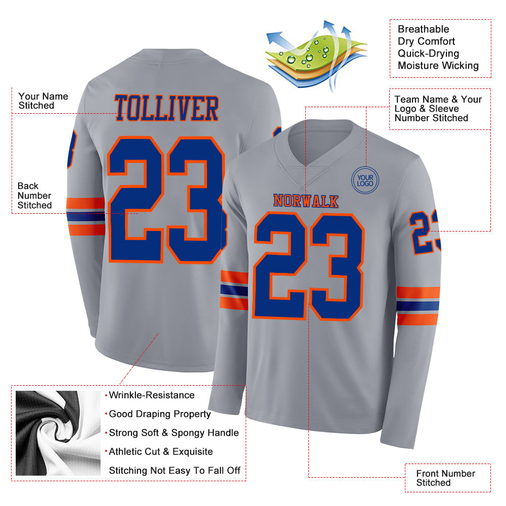 Custom Gray Royal-Orange Long Sleeve Authentic Football Jersey view 2