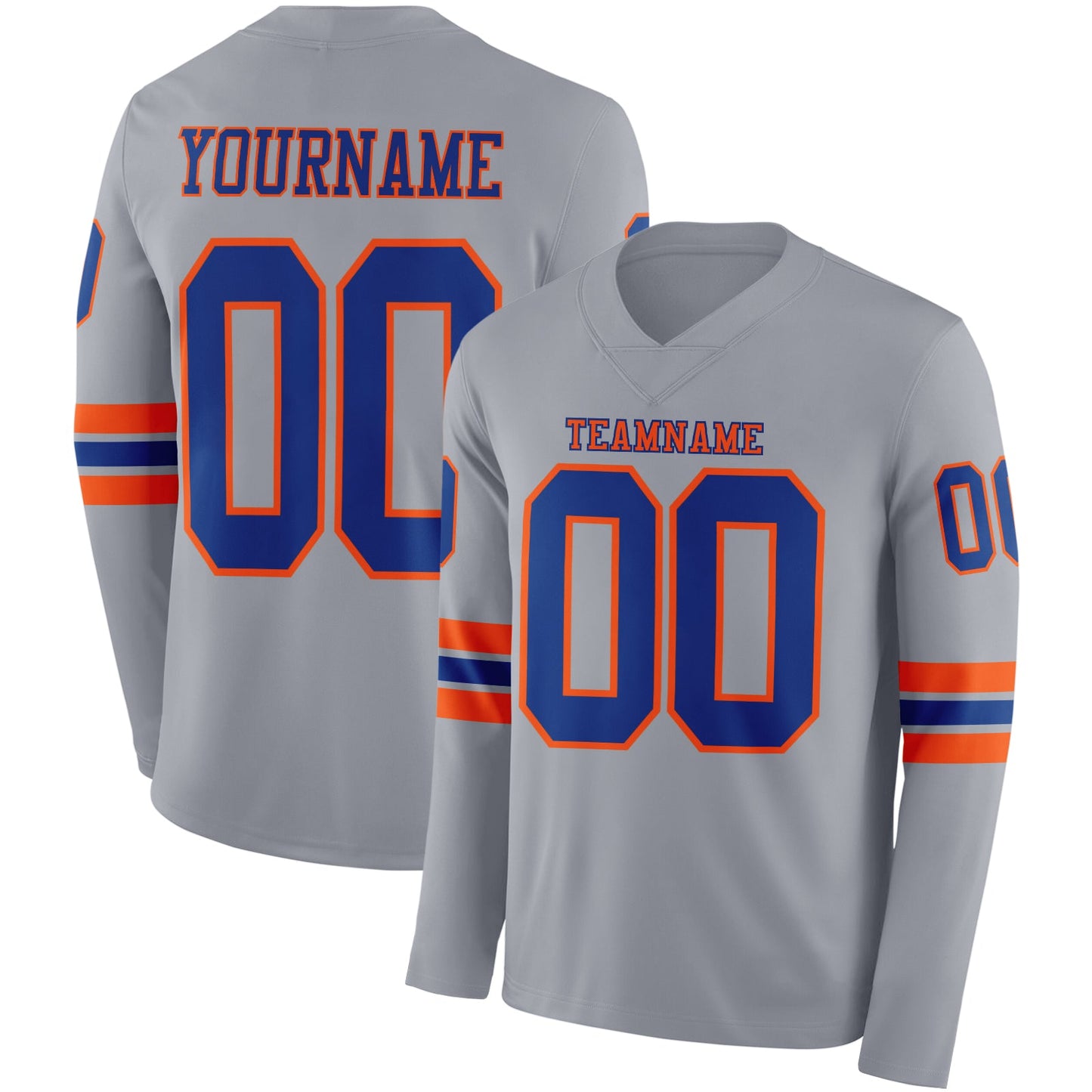 Custom Gray Royal-Orange Long Sleeve Authentic Football Jersey - Main View