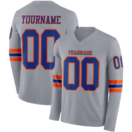 Custom Gray Royal-Orange Long Sleeve Authentic Football Jersey - Main View