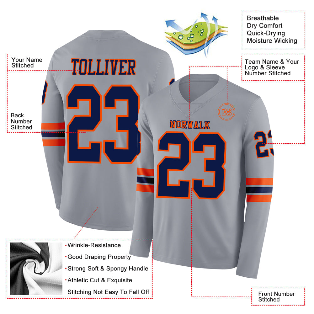 Custom Gray Navy-Orange Long Sleeve Authentic Football Jersey view 2