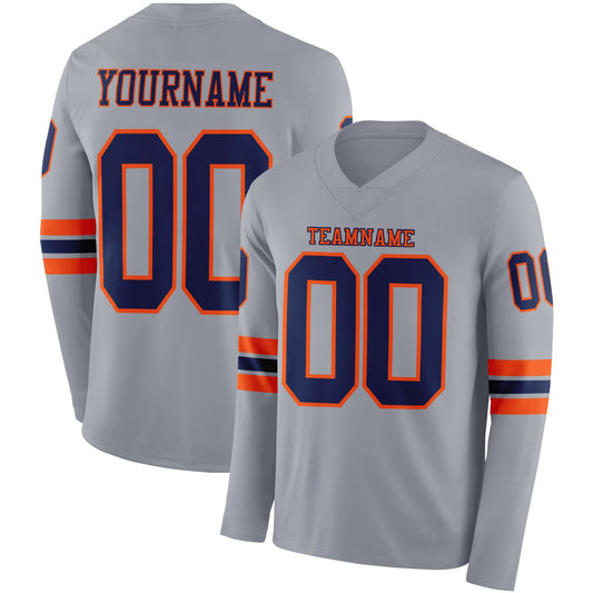 Custom Gray Navy-Orange Long Sleeve Authentic Football Jersey - Main View