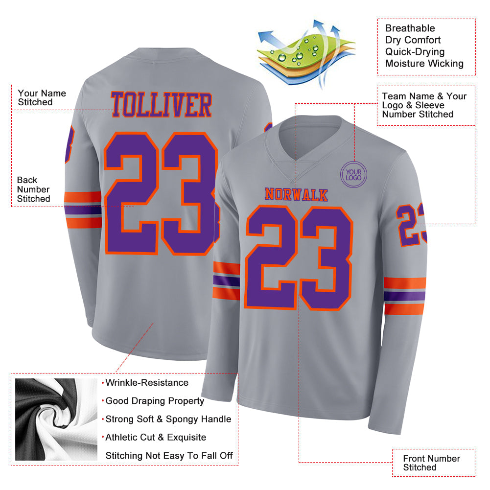 Custom Gray Purple-Orange Long Sleeve Authentic Football Jersey view 2