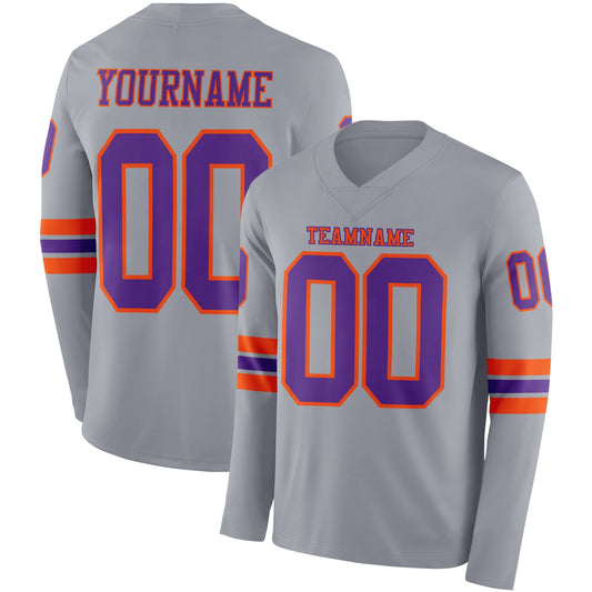 Custom Gray Purple-Orange Long Sleeve Authentic Football Jersey - Main View