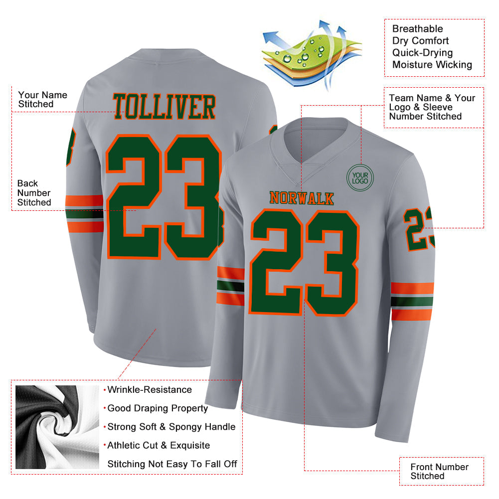 Custom Gray Green-Orange Long Sleeve Authentic Football Jersey view 2