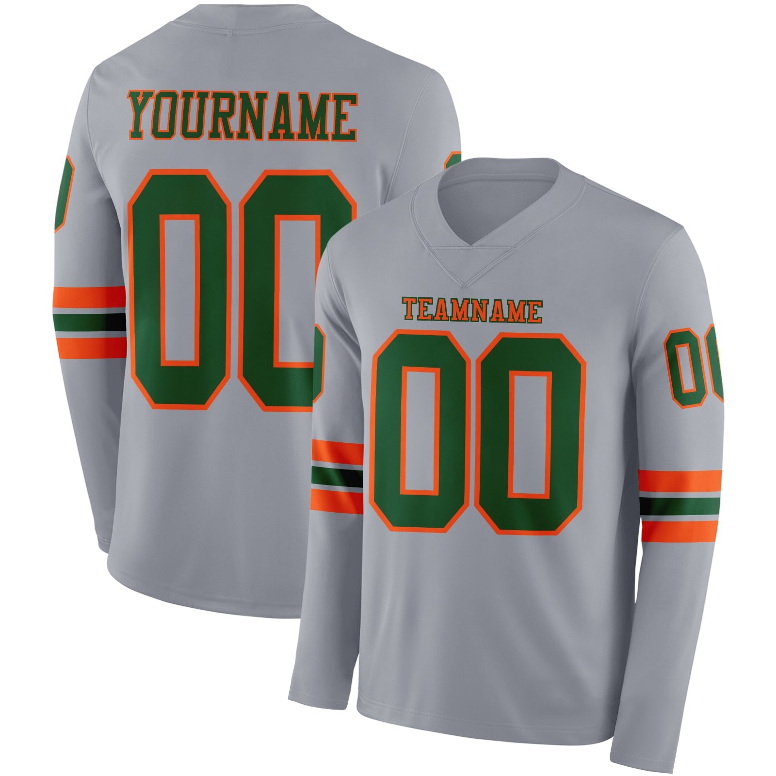 Custom Gray Green-Orange Long Sleeve Authentic Football Jersey - Main View