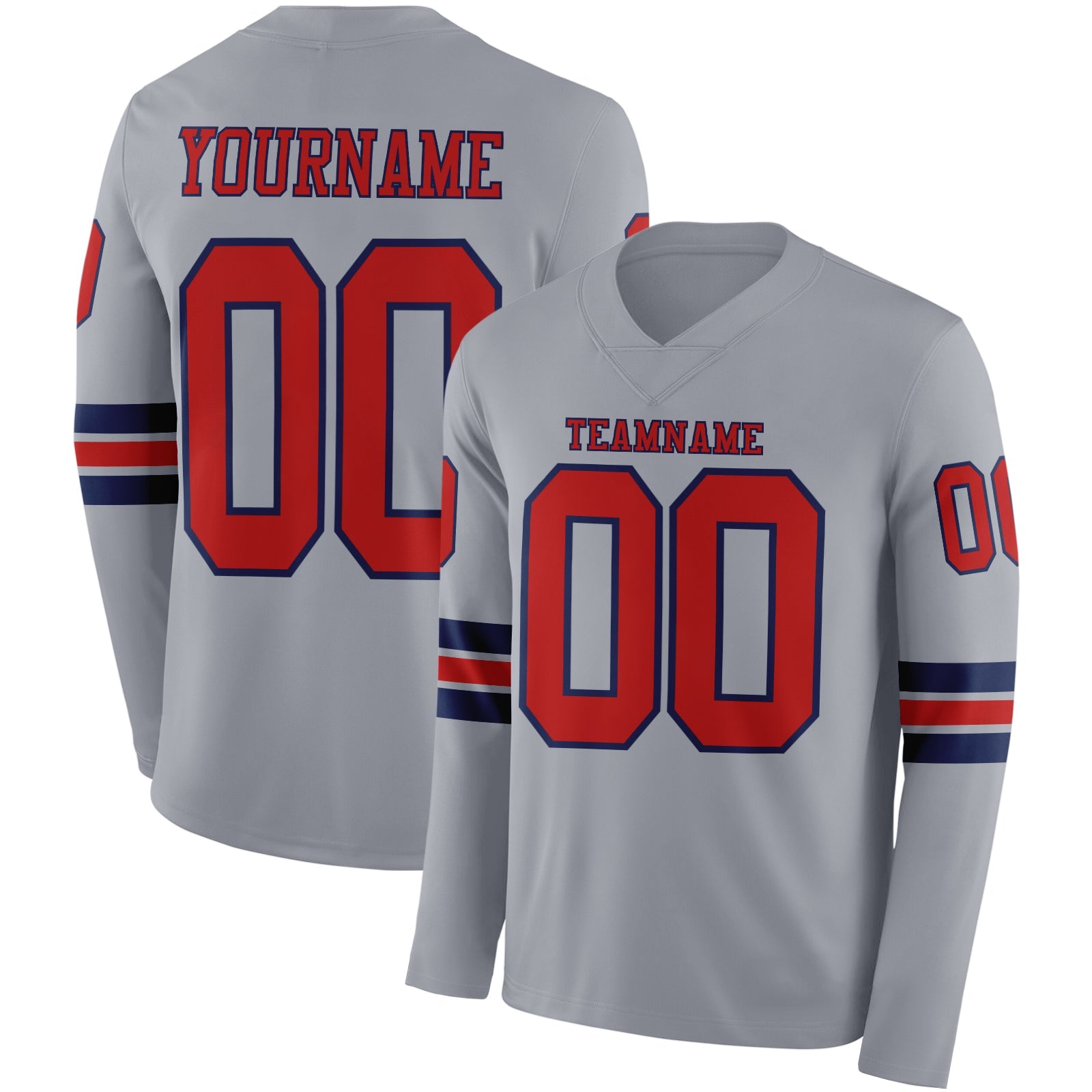 Custom Gray Red-Navy Long Sleeve Authentic Football Jersey - Main View