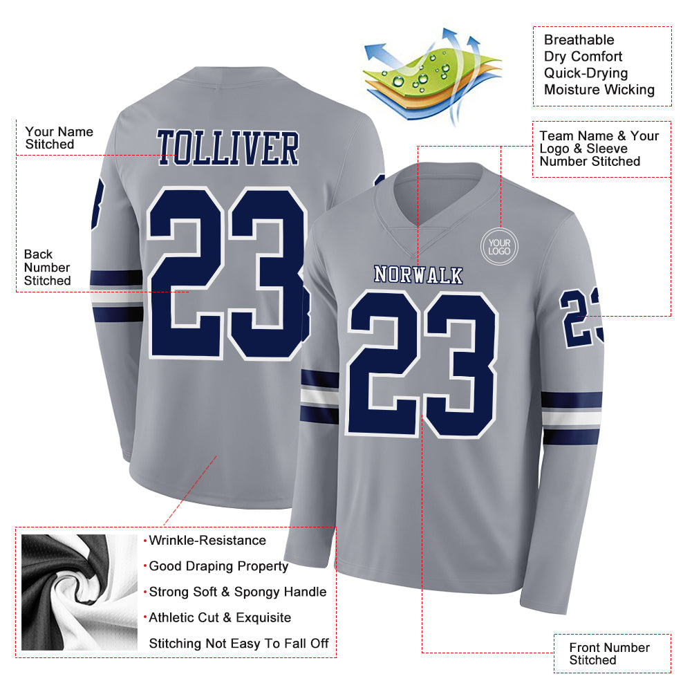 Custom Gray Navy-White Long Sleeve Authentic Football Jersey view 2