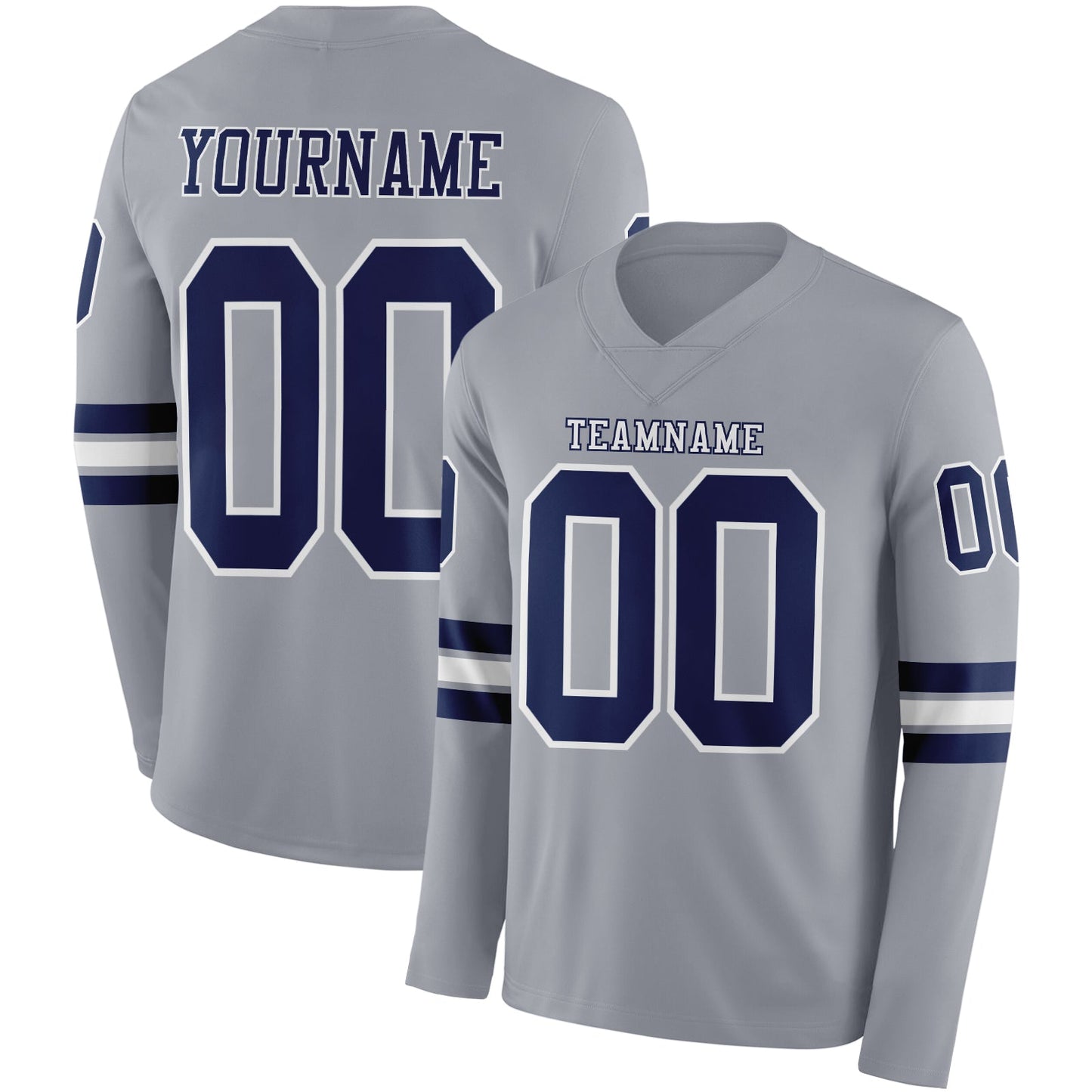 Custom Gray Navy-White Long Sleeve Authentic Football Jersey - Main View