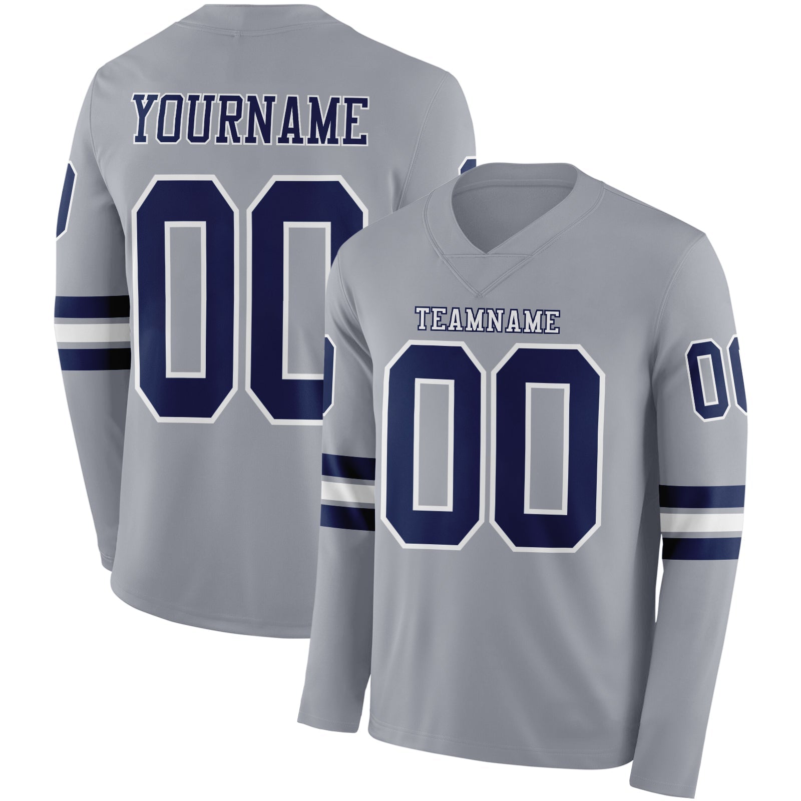 Custom Gray Navy-White Long Sleeve Authentic Football Jersey - Main View