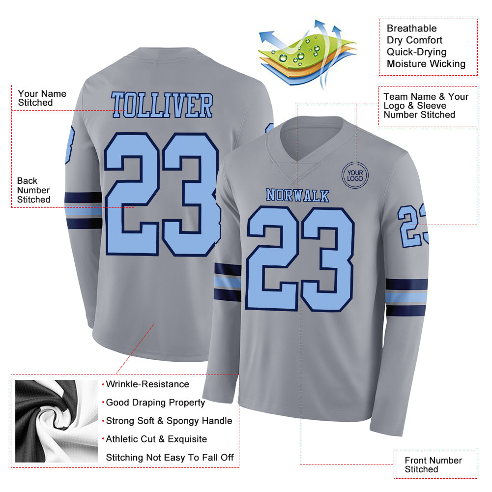 Custom Gray Light Blue-Navy Long Sleeve Authentic Football Jersey view 2
