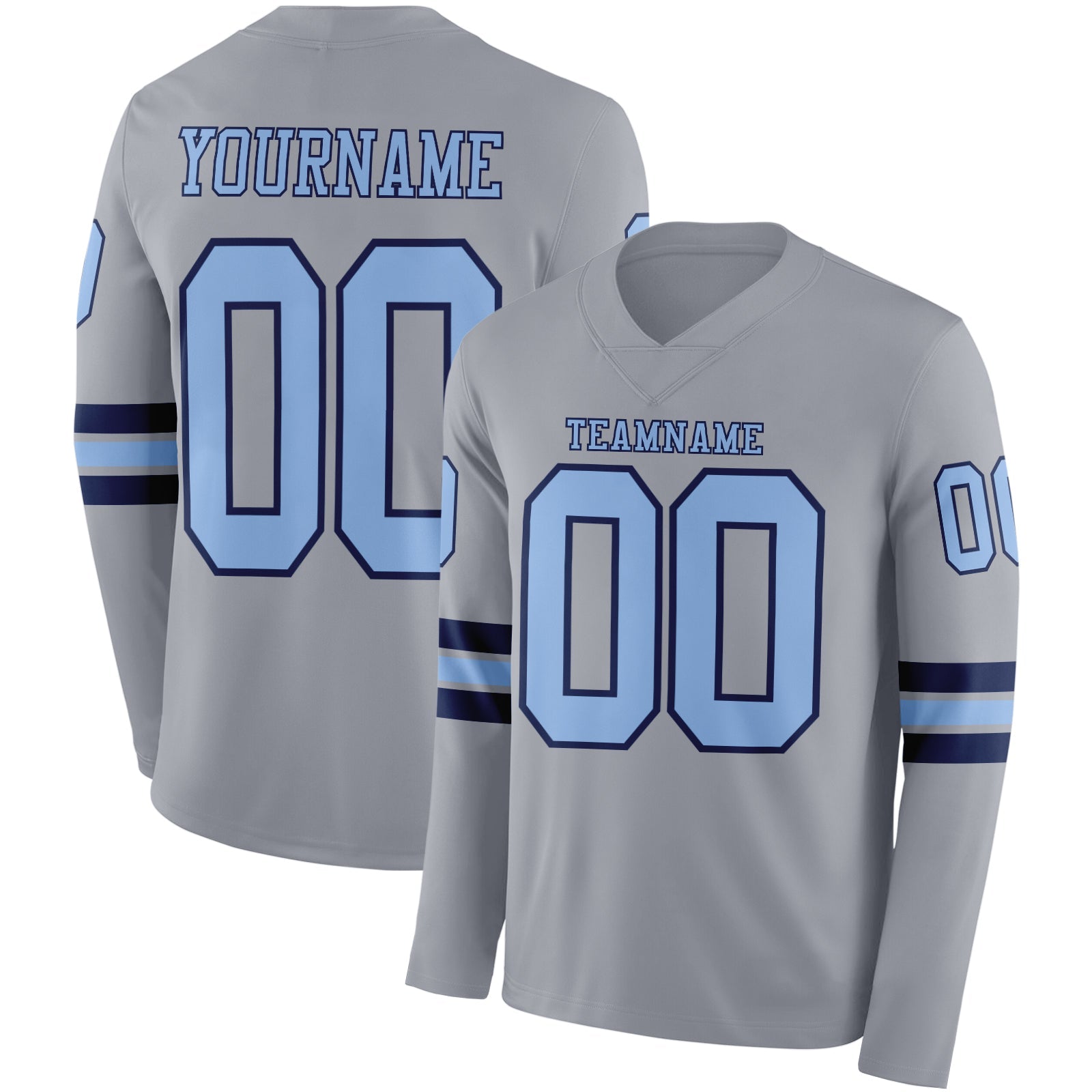 Custom Gray Light Blue-Navy Long Sleeve Authentic Football Jersey - Main View