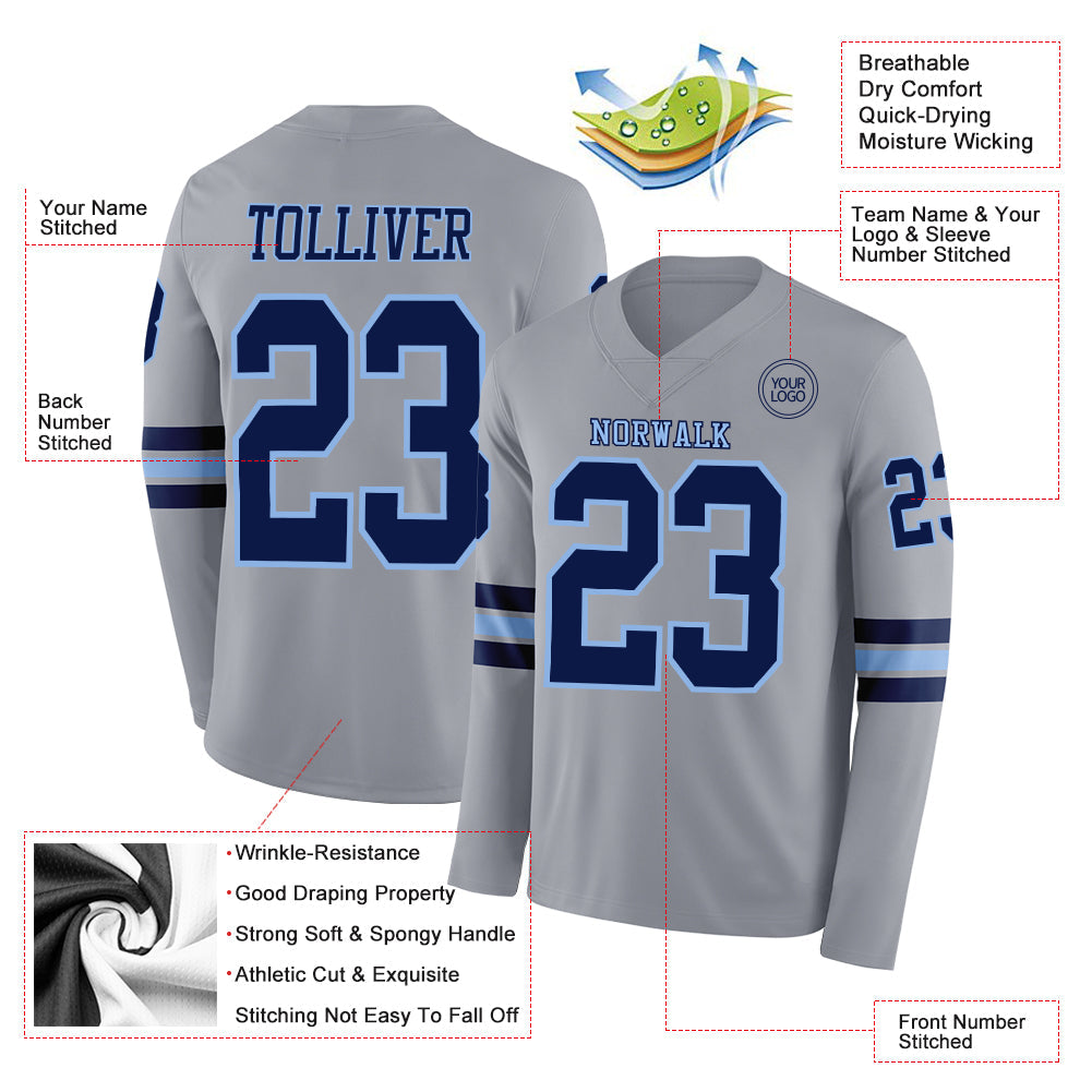 Custom Gray Navy-Light Blue Long Sleeve Authentic Football Jersey view 2