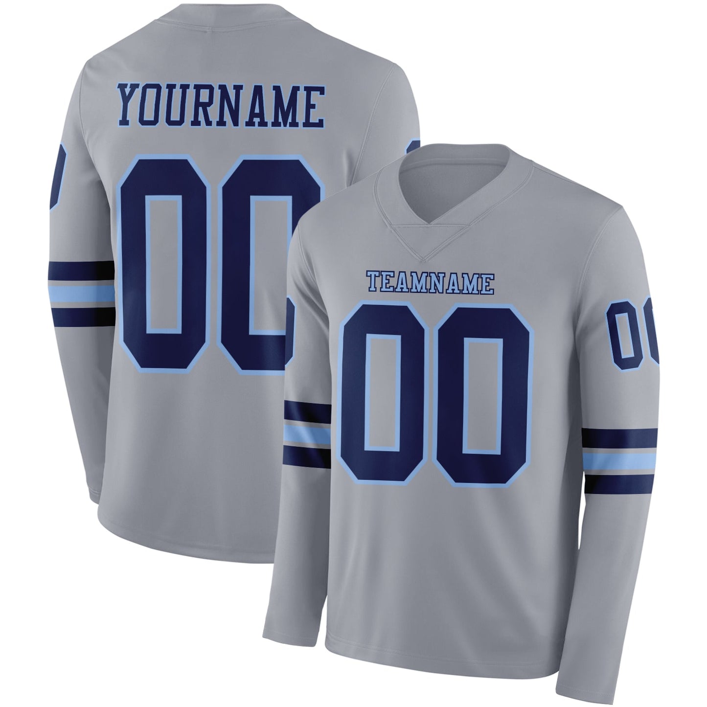Custom Gray Navy-Light Blue Long Sleeve Authentic Football Jersey - Main View