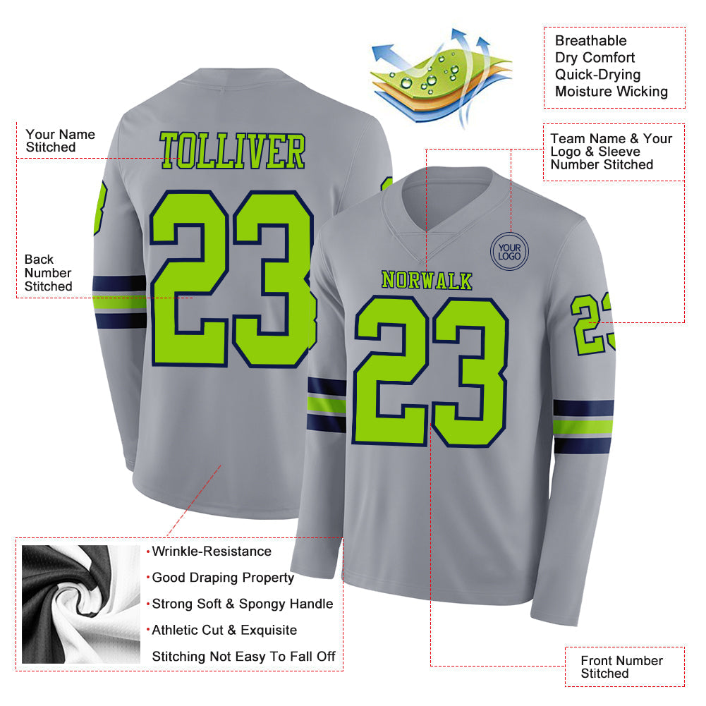 Custom Gray Neon Green-Navy Long Sleeve Authentic Football Jersey view 2