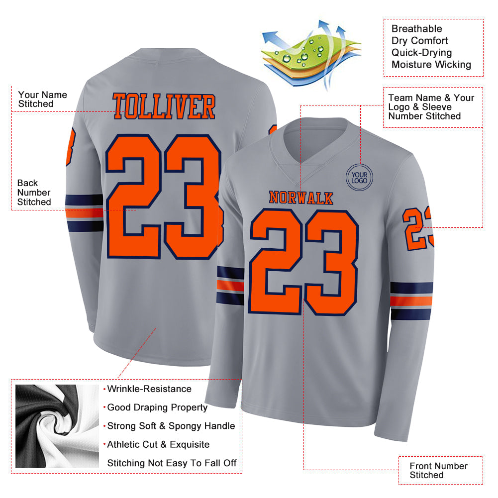 Custom Gray Orange-Navy Long Sleeve Authentic Football Jersey view 2