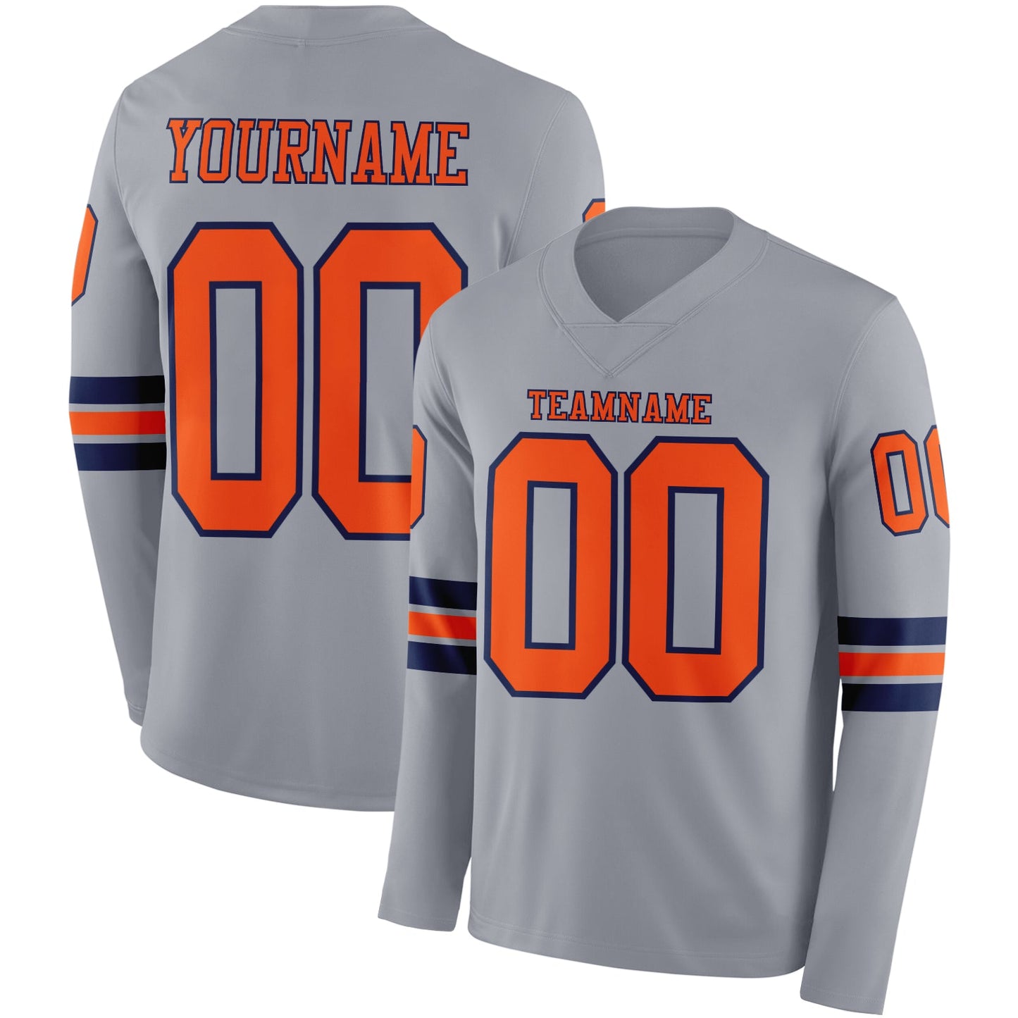 Custom Gray Orange-Navy Long Sleeve Authentic Football Jersey - Main View