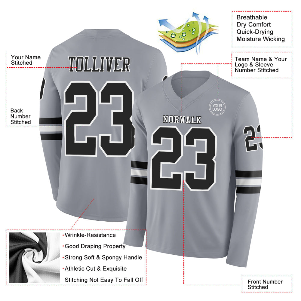 Custom Gray Black-White Long Sleeve Authentic Football Jersey view 2