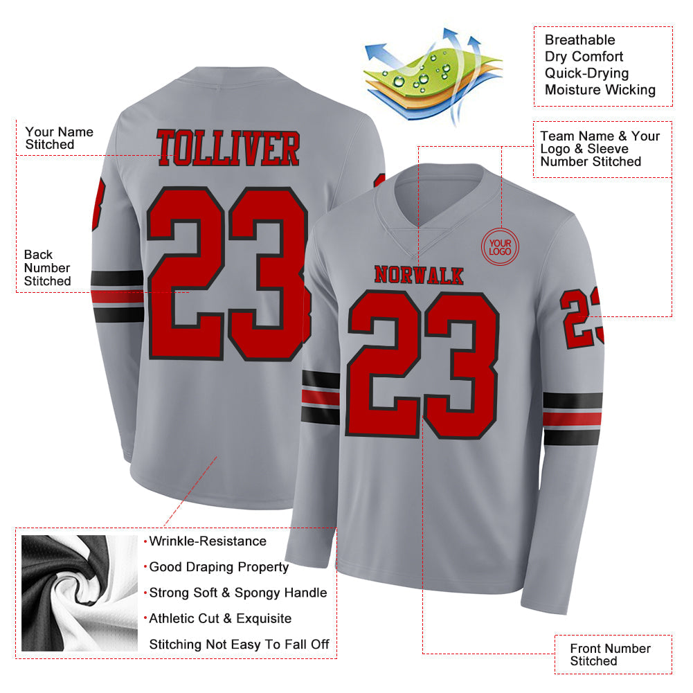 Custom Gray Red-Black Long Sleeve Authentic Football Jersey view 2