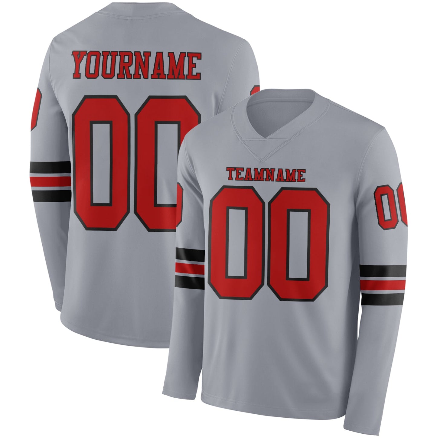 Custom Gray Red-Black Long Sleeve Authentic Football Jersey - Main View