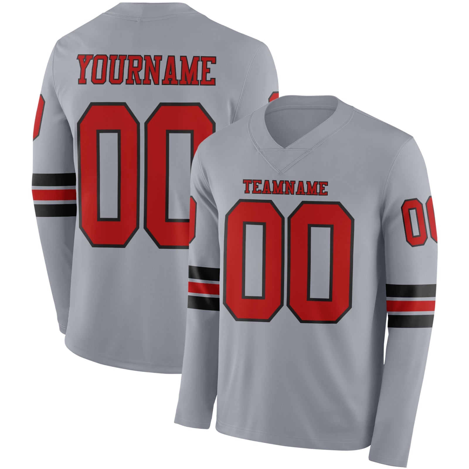 Custom Gray Red-Black Long Sleeve Authentic Football Jersey - Main View
