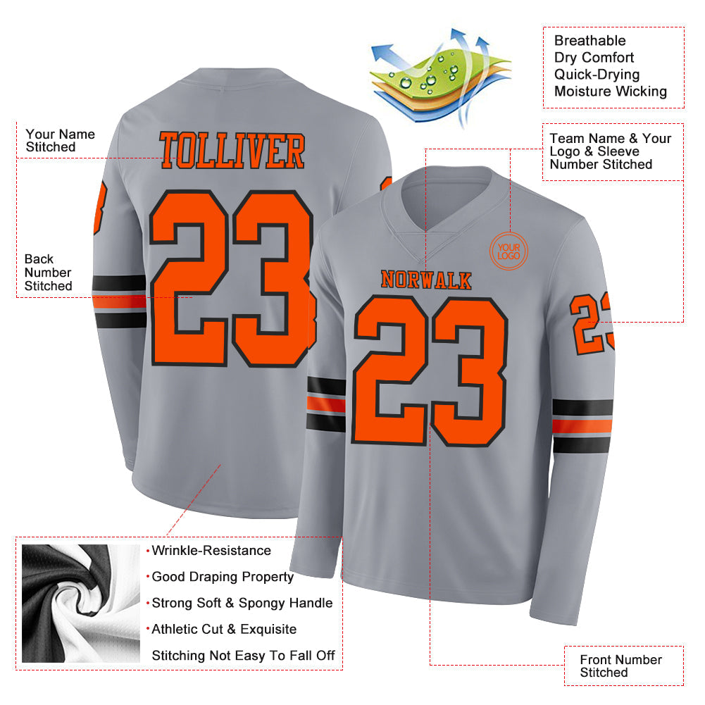 Custom Gray Orange-Black Long Sleeve Authentic Football Jersey view 2