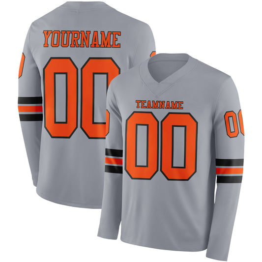 Custom Gray Orange-Black Long Sleeve Authentic Football Jersey - Main View