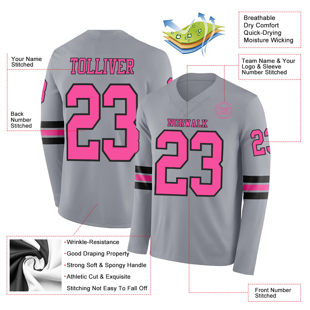 Custom Gray Pink-Black Long Sleeve Authentic Football Jersey view 2
