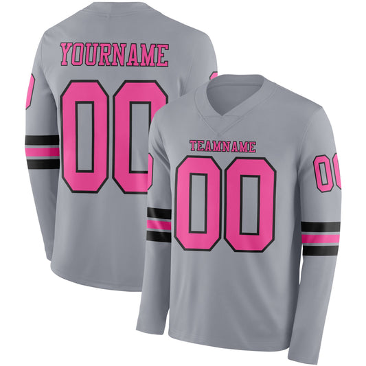 Custom Gray Pink-Black Long Sleeve Authentic Football Jersey - Main View