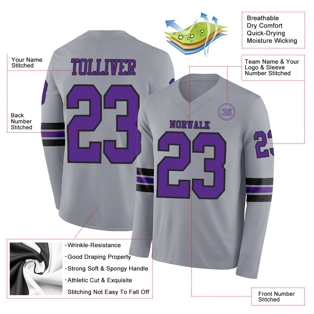 Custom Gray Purple-Black Long Sleeve Authentic Football Jersey view 2