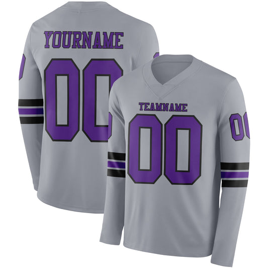 Custom Gray Purple-Black Long Sleeve Authentic Football Jersey - Main View