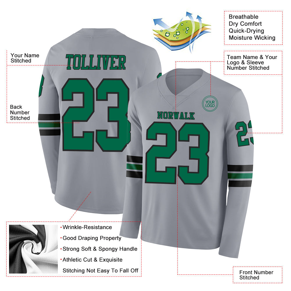Custom Gray Kelly Green-Black Long Sleeve Authentic Football Jersey view 2