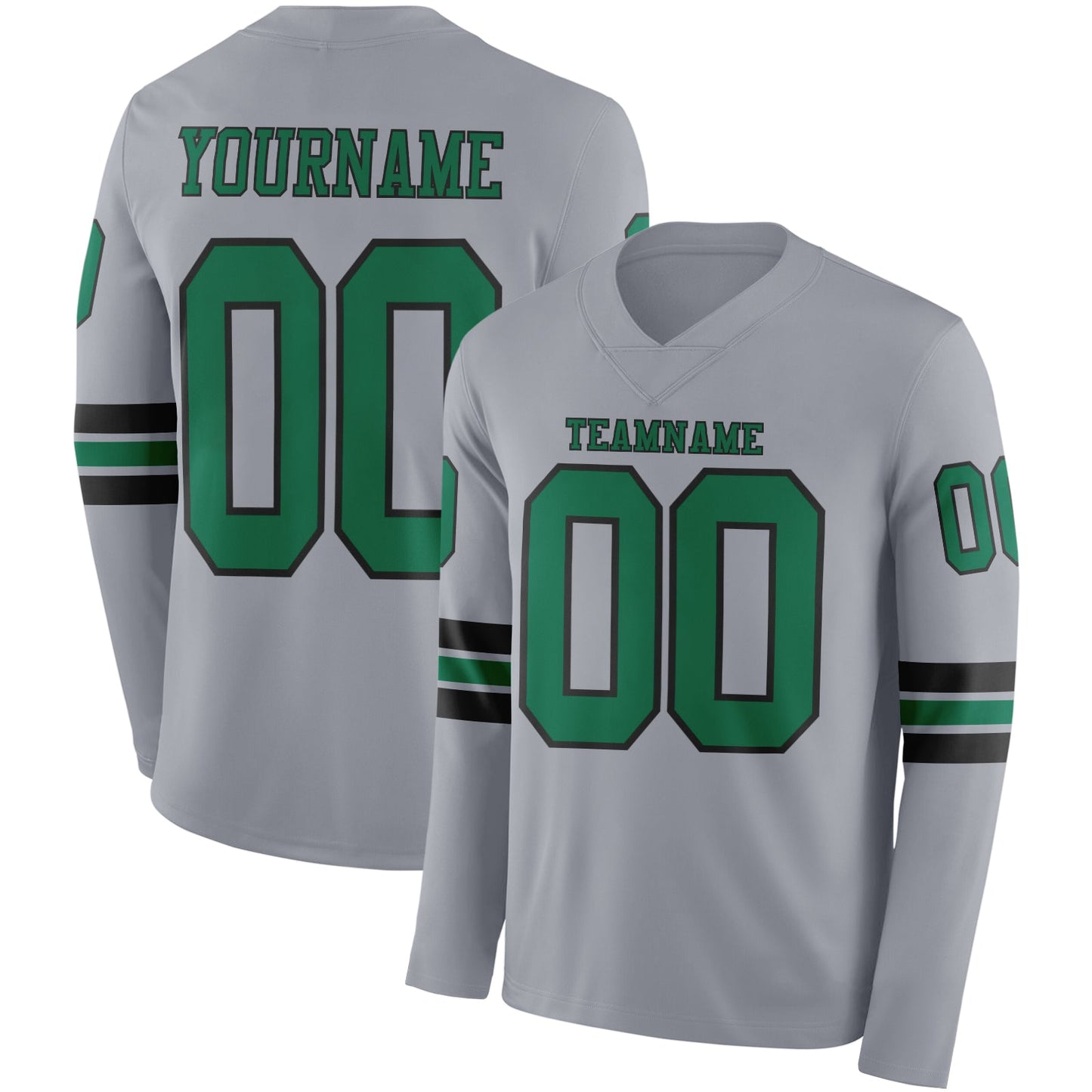 Custom Gray Kelly Green-Black Long Sleeve Authentic Football Jersey - Main View