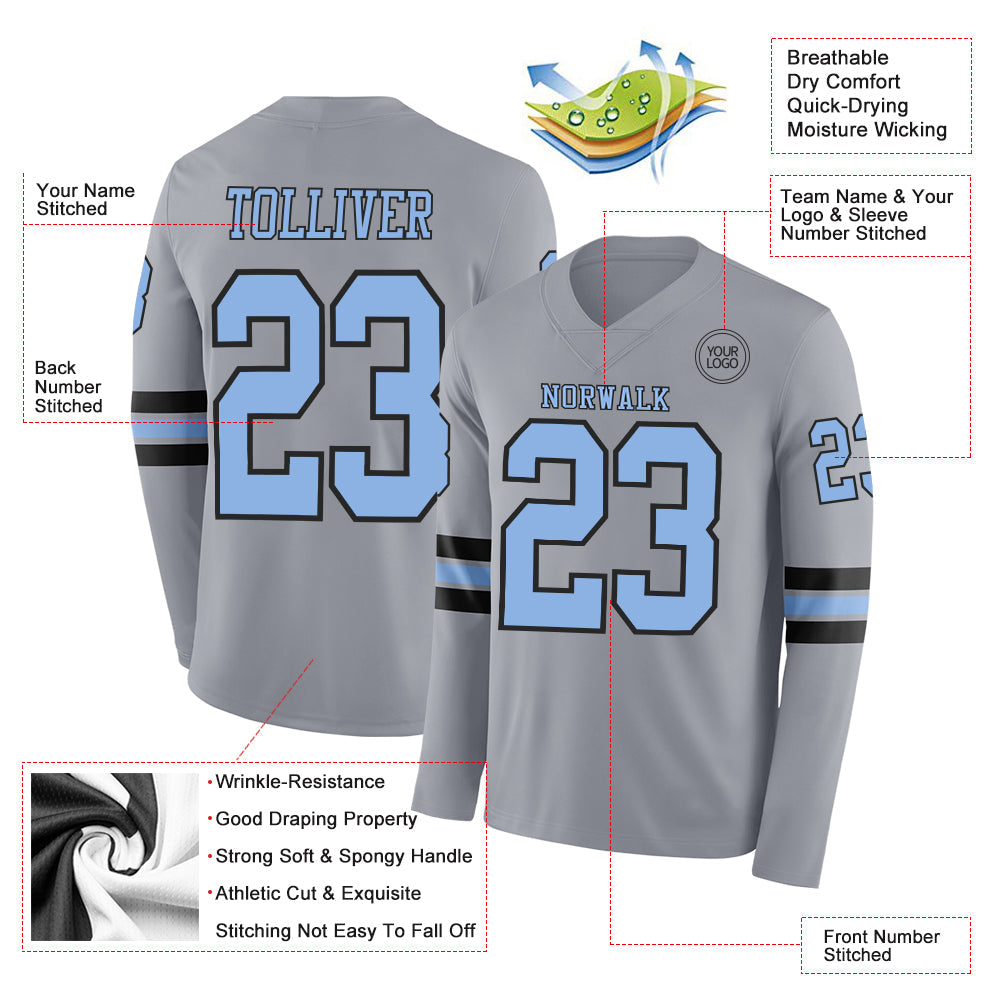 Custom Gray Light Blue-Black Long Sleeve Authentic Football Jersey view 2
