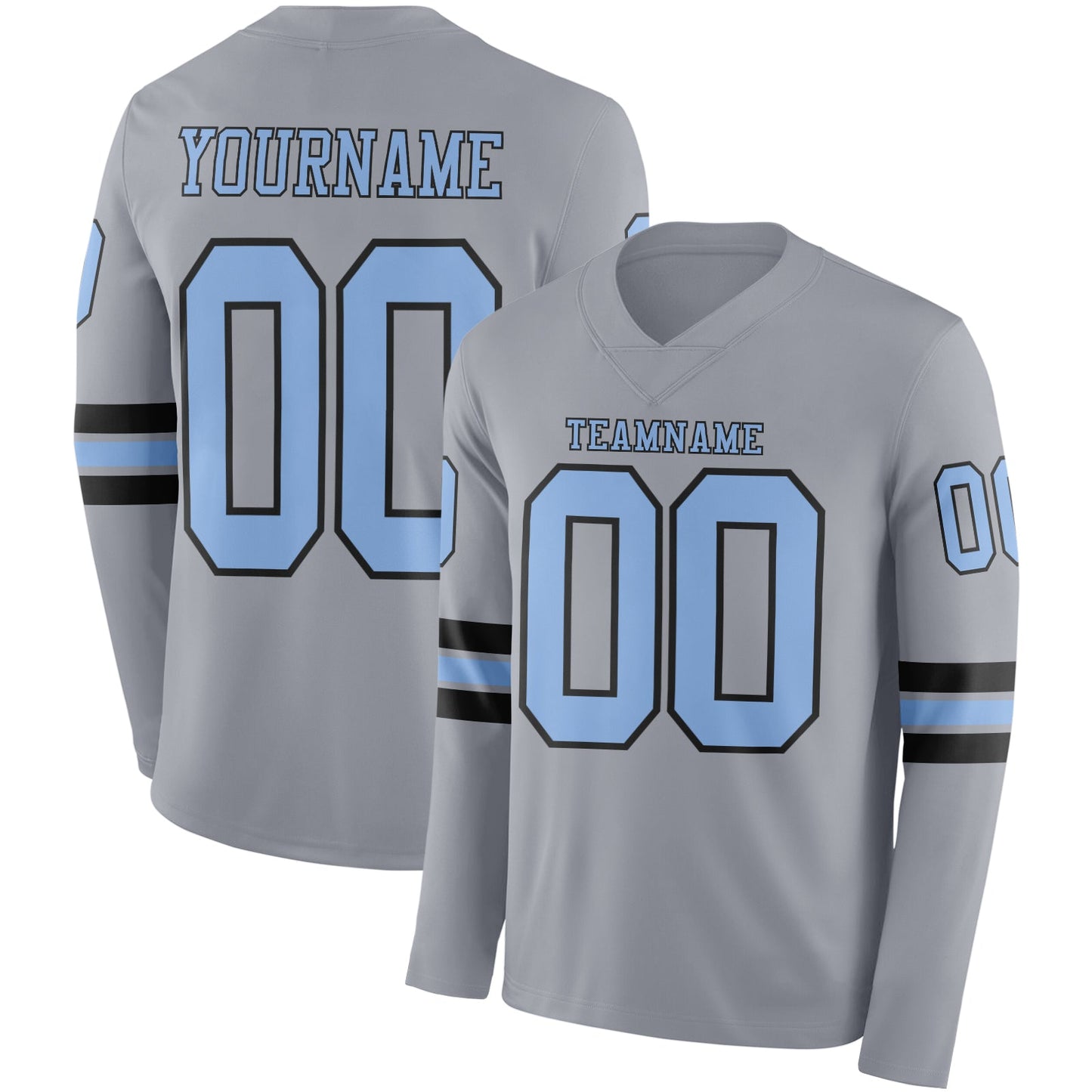 Custom Gray Light Blue-Black Long Sleeve Authentic Football Jersey - Main View
